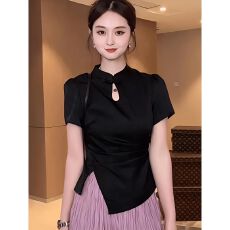 批发新中式国风盘扣短袖开叉<b class='q'>T</b><b class='q'>恤</b>女夏季复古不规则气质显瘦提花<b class='q'>衬衫</b>潮