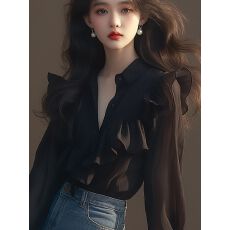 批发法式高级感气质显瘦上衣设计感小众黑色荷叶边衬衫女春秋2026<b class='q'>新款</b>