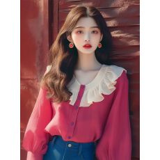 批发2026春秋新款法式独特小上衣温柔风韩系减龄玫红色<b class='q'>雪纺</b>荷叶边衬衫