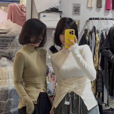 批发韩国2026春秋新款韩版修身简约开叉高领弹力棉长袖纯色打底衫T恤