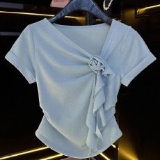 批发法式小众花朵短袖t恤女士夏季修身显瘦设计感不规则别致独特上衣