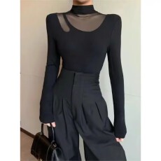 批发韩版半高领黑色<b class='q'>打底衫</b>纯欲上衣女网纱春秋设计感别致辣妹<b class='q'>长袖</b>T恤