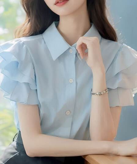 유럽 상품 아름다운 패션 캐주얼 품격 고급 센스 슈퍼 잘 생긴 맨위 파란색 프릴 반팔 여성 셔츠 여름
