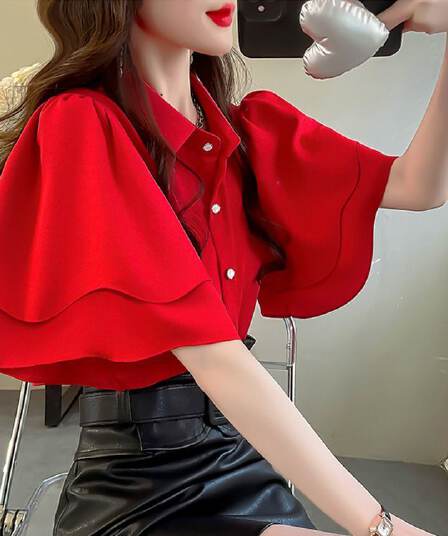 프랑스식 명문 여성 여름 루즈핏 여성 셔츠 새로운 루즈핏 셔츠 단색 요정 가스 프릴 반팔 쉬폰 톱