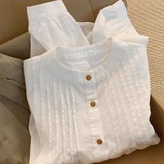 批发2026新款日系文艺风琴褶<b class='q'>白色</b><b class='q'>衬衫女</b>设计感百搭高级感长袖长袖上衣