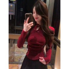 批发新中式轻国风古装盘扣红色打底衫女春秋季高级感修身内搭短款上衣