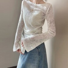 批发白色喇叭袖修身t恤春夏新中式国风竹叶提花收褶修身圆领长袖<b class='q'>上衣</b>