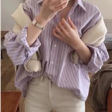 批发香芋紫色防晒韩国东大门女装2026春秋季衬衫紫色条纹新款宽松上衣