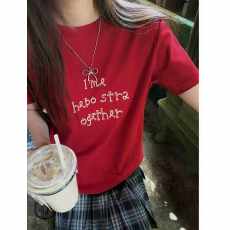 2026夏韩系新款圆领短袖植绒立体印花英文字母图案