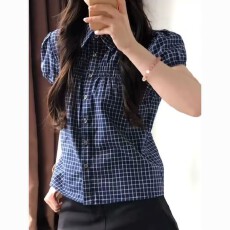 批发2026夏季泡泡新款衬衫复古格子修身短款显瘦短袖衬衣上衣