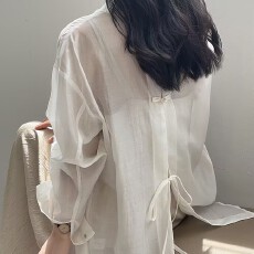 批发国风设计感盘扣后背系带天丝衬衣女<b class='q'>夏季</b>宽松百搭翻领<b class='q'>防晒衣</b>女衬衫