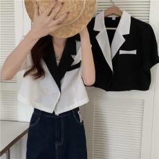 批发撞色短袖<b class='q'>西装外套</b>女2026夏季新款设计感小众短款小个子高级感西服