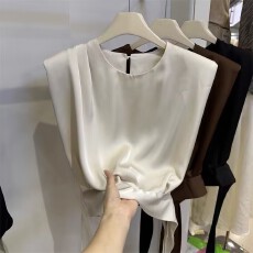 批发高级感醋酸缎面衬衫<b class='q'>女</b>无袖上衣2026夏季新款洋气圆领短款小衫