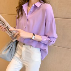 批发春秋宽松纯色雪纺衬衫女装韩版休闲风ins港风长袖衬衣打底衫