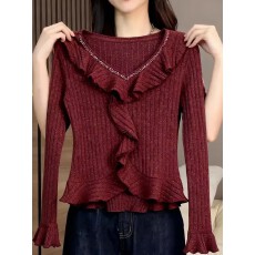 批发春秋<b class='q'>冬</b>季新品法式荷叶边长袖上衣女酒红色设计感百搭气质打底衫