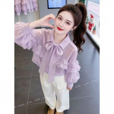 批发新中式初秋穿搭高级感上衣2026法式独特漂亮绿色蝴蝶结<b class='q'>长袖</b>衬衫女