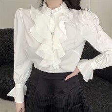 批发法式设计感小众荷叶边<b class='q'>长袖</b>衬衣上衣春季复古宫廷风宽松白色衬衫女