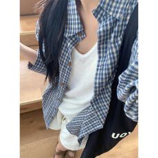批发韩系复古蓝色<b class='q'>格子衬衫</b>外套女春夏薄款宽松休闲慵懒风长袖衬衣