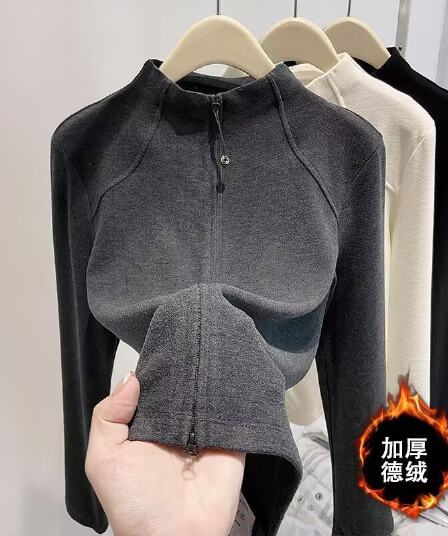 반하이넥 De 플러시 가을 겨울 만나는 2026 슬림해 보이는 새로운 봄 가을 지퍼 카디건 코트 몸매 가꾸기 후드티