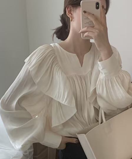 한국 chic 디자인 센스 작은 대중 품격 프릴 주름 봄 가을 새로운 슈퍼 요정 거품 소매 맨위