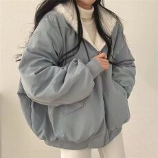 韩国加绒加厚两面穿羊羔毛棉服女装外套冬季新款宽松连帽棉衣上衣