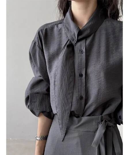 한 부서 스카프 칼라 긴팔 여성 셔츠 가을 디자인 작은 대중 긴팔 맨위 루즈핏 출퇴근 프랑스식 사소한 작은 셔츠