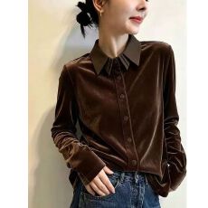 批发法式花瓣Polo领丝绒长袖衬衫女上衣<b class='q'>秋</b>冬季时尚气质显瘦百搭衬衣