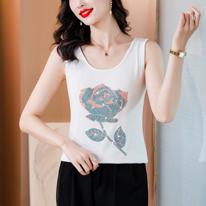 RY535# 实拍2026新款重工烫钻玫瑰花水钻洋气减龄时尚高弹棉吊带背心