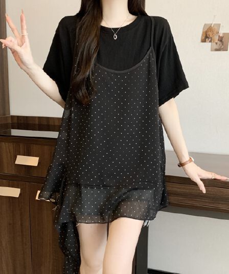 실사 빅 사이즈 여름 연령 감소 표지 배 슬림해 보이는 티셔츠 플러스 불규칙 도트 무늬 슬립 맨위 치마 두 조각 여성 세트