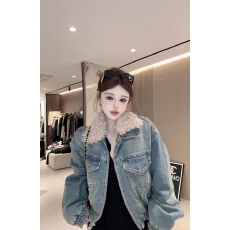 批发2025<b class='q'>秋</b>冬韩版时尚百搭宽松显瘦翻领羊卷毛牛仔夹棉外套女