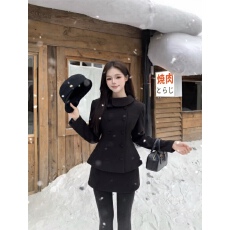 批发韩版小香风收腰双排扣加棉毛呢外套女2025<b class='q'>冬</b>季气质高腰短裙两件套