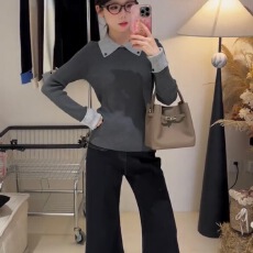 批发法式翻领撞色假两件长袖针织打底衫女秋冬<b class='q'>修身</b>内搭毛衣polo衫上衣