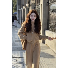 批发韩系毛绒感休闲套装女<b class='q'>冬</b>季慵懒风连帽拉链外套+直筒阔腿裤两件套