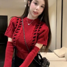 批发2025冬装新款软糯糯麻花短袖针织衫女小个子短款毛衣配袖套
