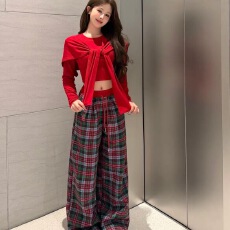 批发B韩系氛围感红色针织衫披肩套装秋冬高腰<b class='q'>格子</b>阔腿<b class='q'>裤</b><b class='q'>两件套</b>