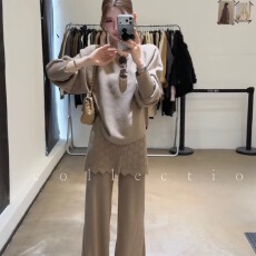 批发秋冬新款<b class='q'>气质</b>时尚不规则束袖针织上衣+镂空假两件直筒<b class='q'>裤</b>针织套<b class='q'>装</b>