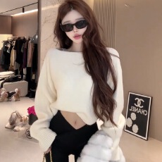 批发韩系新款不规则斜领露肩长袖<b class='q'>针织衫</b><b class='q'>女</b>纯欲辣妹风<b class='q'>毛衣</b>高级感上衣