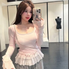 批发韩系<b class='q'>荷叶边</b>长袖打底T恤内搭修身加厚加磨毛上衣