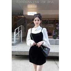 批发2025<b class='q'>冬</b>季新款法式高级感内搭白色上衣+吊带连衣裙套装两件套女潮