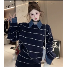 批发秋冬韩系拼接可拆卸牛仔Polo领宽松<b class='q'>条纹</b>毛衣+<b class='q'>短裙</b>针织半身裙套装