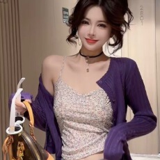 批发春夏新款时尚设计感韩系辣妹碎花吊带+针织开衫两件套上衣