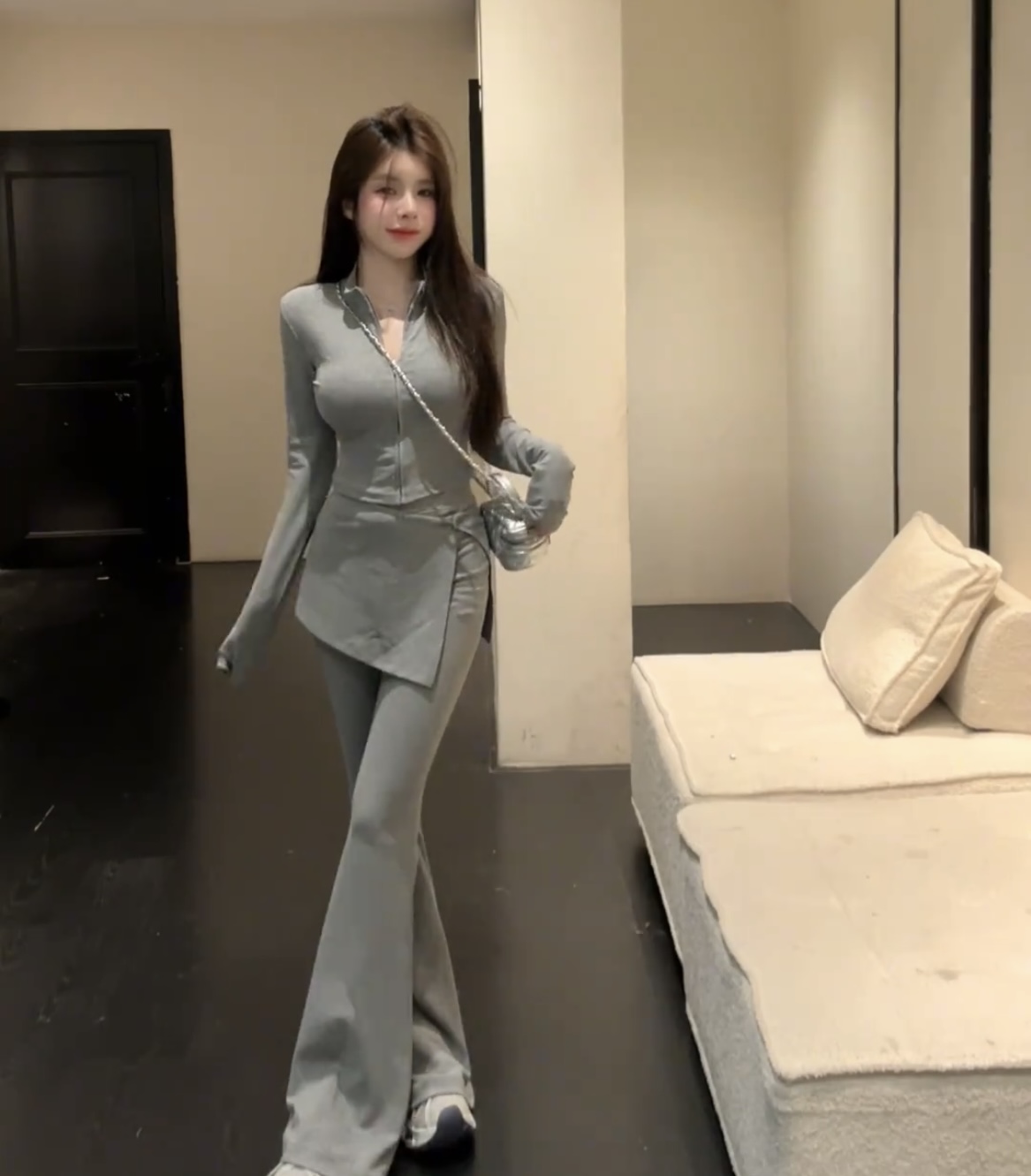 한 부서 캐주얼 바람 랩스커트팬츠 맨위 코디 부츠컷 바지 패션 세트 벨트 어깨 패드