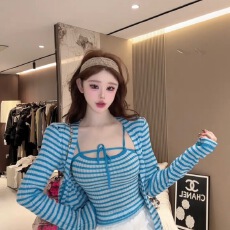 批发2026春季新款纯欲百搭<b class='q'>条纹</b>吊带背心+针织开衫两件套上衣女