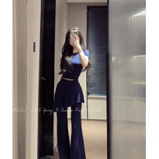 批发夏日斜肩短袖<b class='q'>T</b>恤显瘦上衣+休闲微喇阔腿长<b class='q'>裤</b>套装夏女