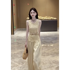 批发2026年夏季法式刺绣镂空蕾丝无袖上衣+阔腿装女高级感气质两件套