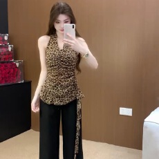 批发美式复古辣妹豹纹挂脖V领<b class='q'>吊带</b><b class='q'>背心</b>女夏季新款收腰无袖t恤上衣外穿