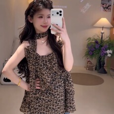 批发性感辣妹风飘带豹纹<b class='q'>吊带</b><b class='q'>背心</b>女2026春季爆款韩版宽松显瘦无袖上衣