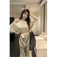 批发2026夏季不规则慵懒斗篷式中袖T恤<b class='q'>上衣</b>+高腰显瘦微喇长<b class='q'>裤</b>套<b class='q'>装</b>女