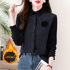 polo衫翻领拼色长袖t恤女秋冬季2025新款假两件上衣双面绒打底衫