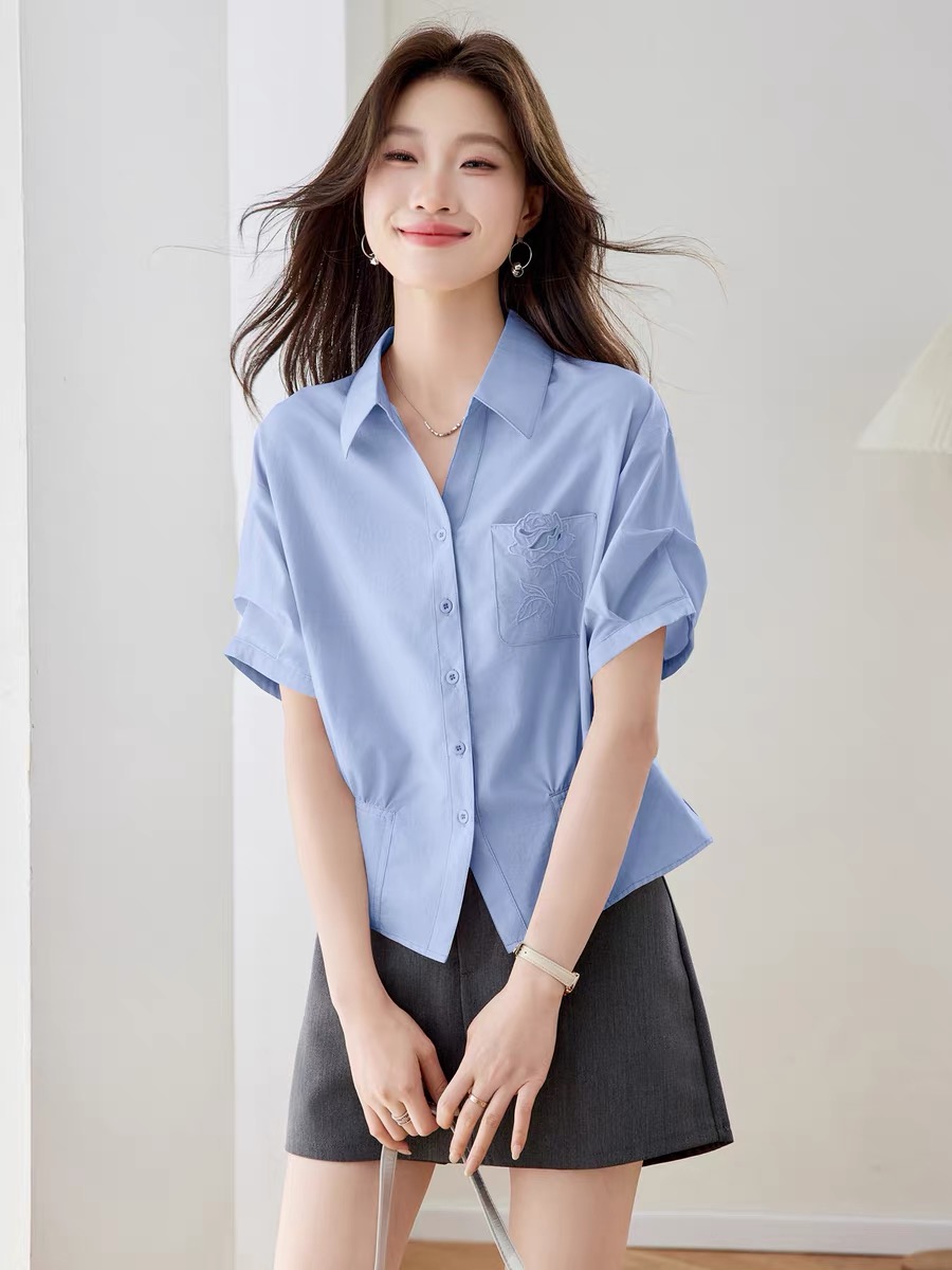면 100% 자수 폴로 칼라 반팔 여성 셔츠 허리 수축 슬림해 보이는 맨위 여름 새로운 빛 요리 한 디자인 센스 미니멀리즘 출퇴근